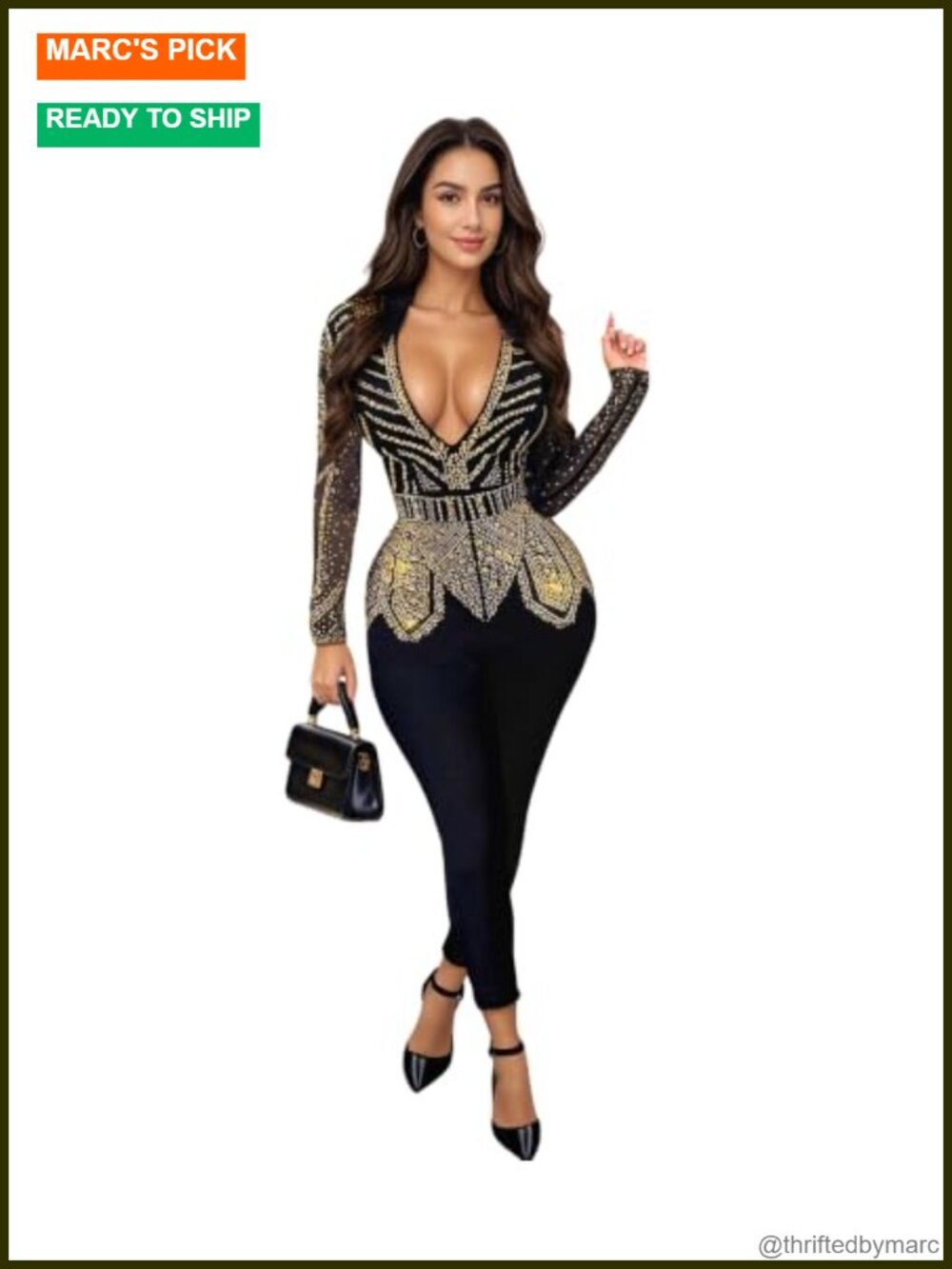 Rhinestone See Through Mesh Jumpsuit Long Sleeve Clubwear Romper